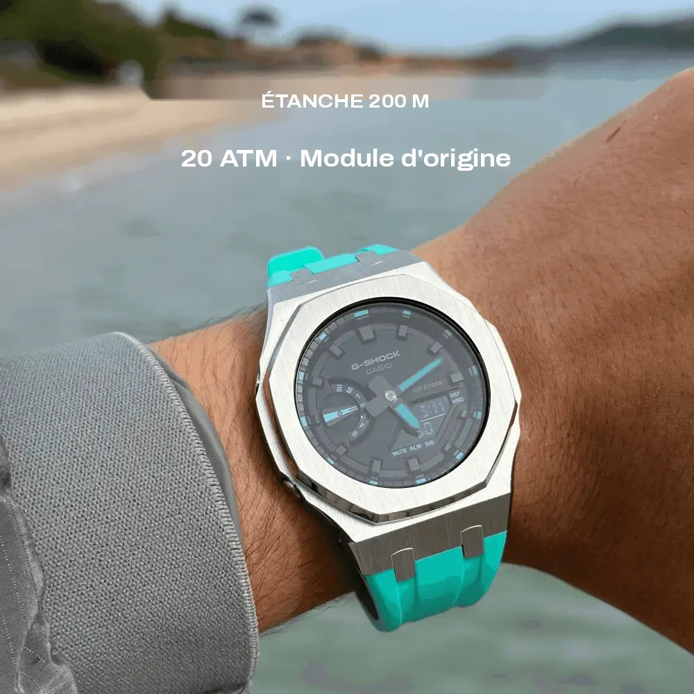 Montre CasiOak Custom Sky Blue – mod G-Shock GA-2100, vue 3 — FR
