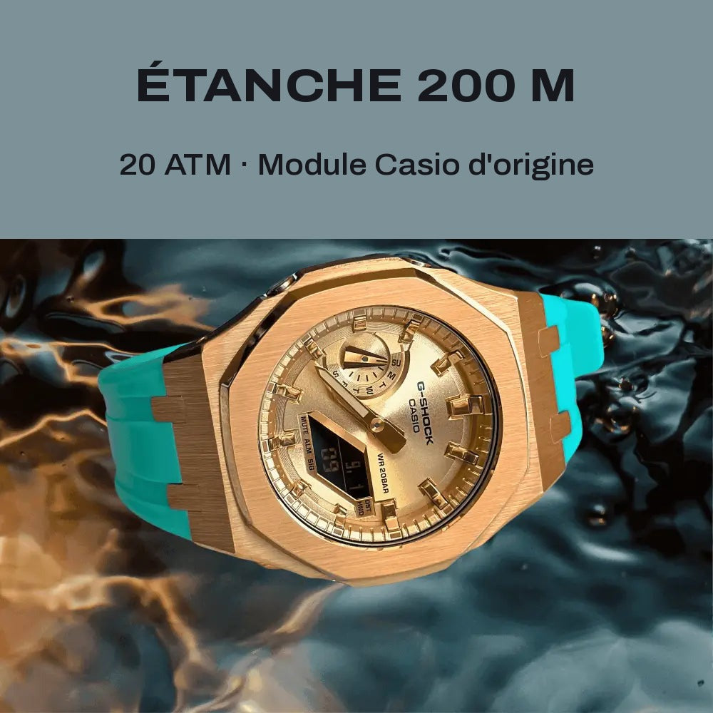 Montre CasiOak Custom Rose Gold Turquoise – mod G-Shock GA-2100, vue 3 — FR