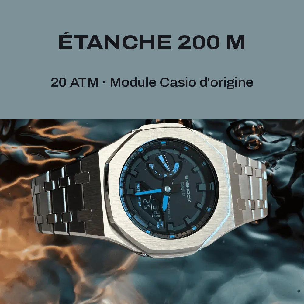 Montre CasiOak Custom Silver Blue – mod G-Shock GA-2100, vue 3 — FR