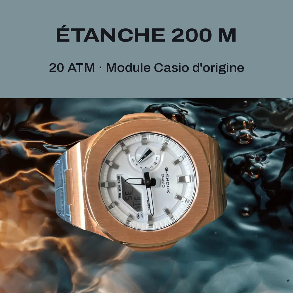 Montre CasiOak Custom White Blue Alligator Leather - – mod G-Shock GA-2100, vue 6 — FR