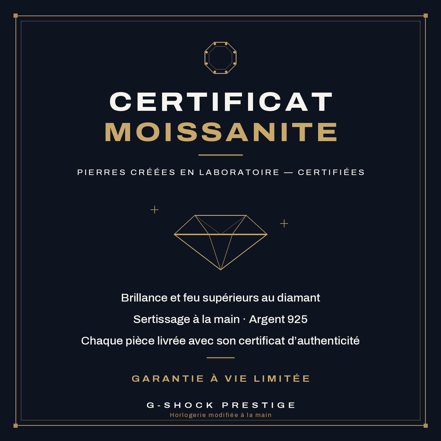 Certificat Moissanite — pierres créées en laboratoire, garantie à vie limitée