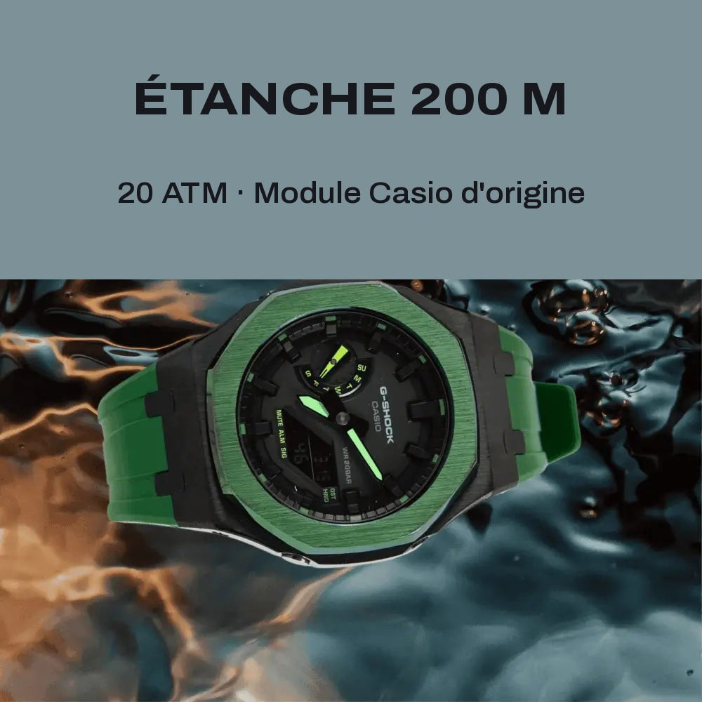 Montre CasiOak Custom Royal Green – mod G-Shock GA-2100, vue 3 — FR