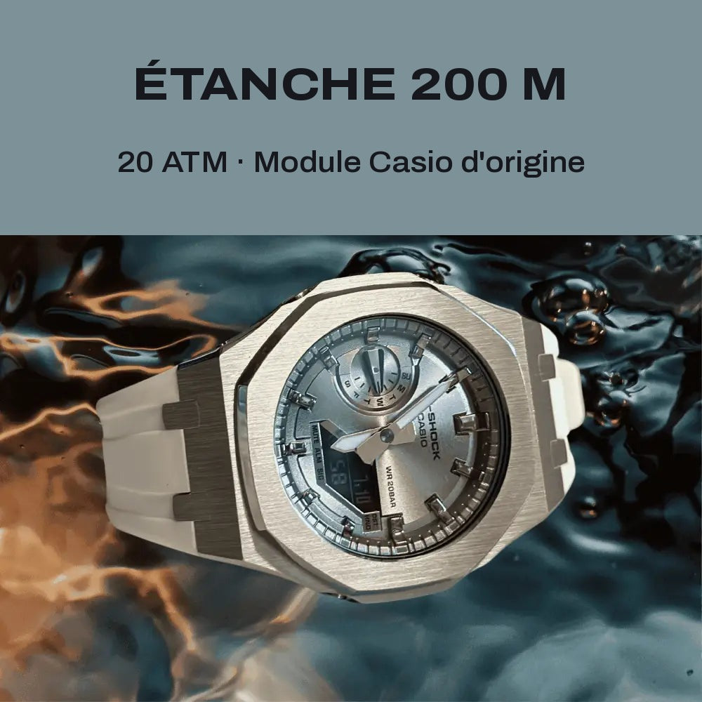 Montre CasiOak Custom White Silver Dial – mod G-Shock GA-2100, vue 3 — FR
