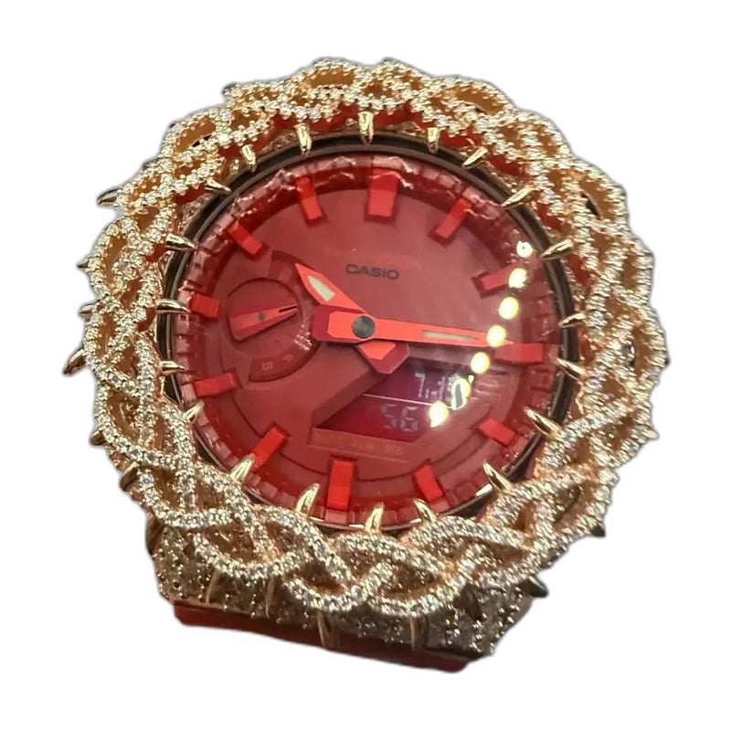 Montre G-Shock Custom Hip Hop – Moissanite 925 Rose Gold IcedOut Thorn Red - Luxury Mod GA2100