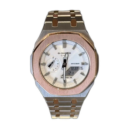 Montre CasiOak Custom Silver White Rose Gold – mod G-Shock GA-2100, vue 1 — fond blanc