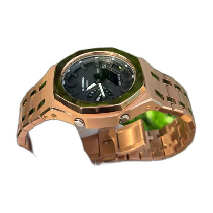 Montre CasiOak Custom Rose Gold Mirror Polish – mod G-Shock GA-2100, vue 4 — fond blanc