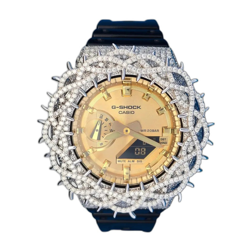Montre CasiOak Custom Moissanite 925 Silver IcedOut Thorn Black Gold - Luxury Mod GA2100 – mod G-Shock GA-2100, vue 1 — fond blanc