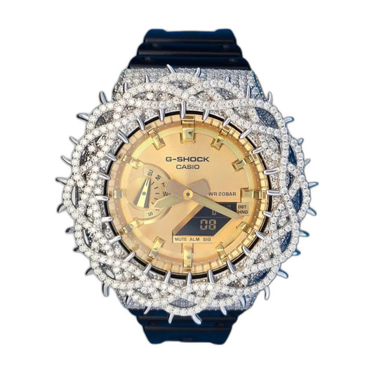 Montre CasiOak Custom Moissanite 925 Silver IcedOut Thorn Black Gold - Luxury Mod GA2100 – mod G-Shock GA-2100, vue 1 — fond blanc
