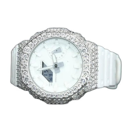 Montre CasiOak Custom Moissanite 925 Silver IcedOut White Dial - Luxury Mod GA2100 – mod G-Shock GA-2100, vue 1 — fond blanc