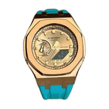 Montre CasiOak Custom Rose Gold Turquoise – mod G-Shock GA-2100, vue 1 — fond blanc