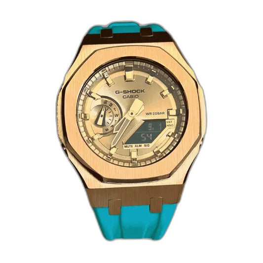 Montre CasiOak Custom Rose Gold Turquoise – mod G-Shock GA-2100, vue 1 — fond blanc