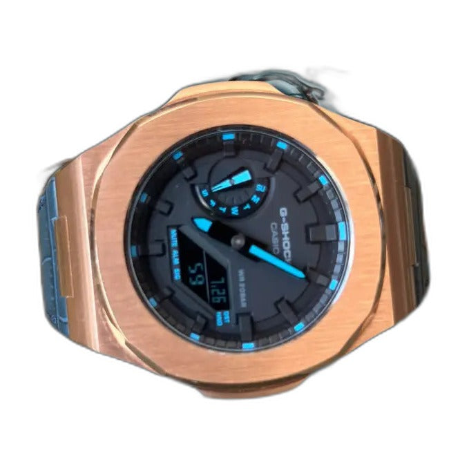 Montre CasiOak Custom Black Blue Alligator Leather - Vintage – mod G-Shock GA-2100, vue 6 — fond blanc