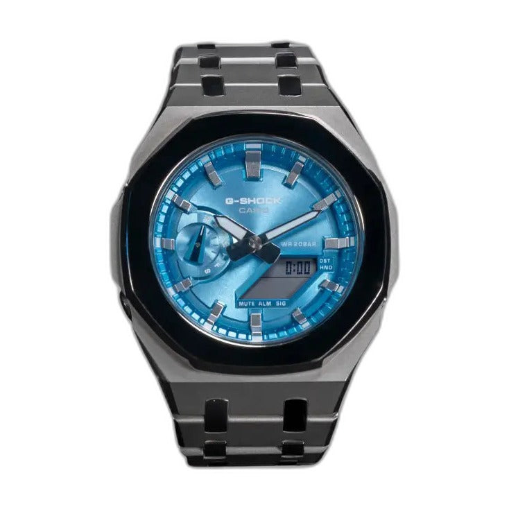 Montre CasiOak Custom Silver Blue Mirror Polish – mod G-Shock GA-2100, vue 1 — fond blanc