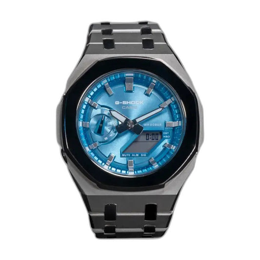 Montre CasiOak Custom Silver Blue Mirror Polish – mod G-Shock GA-2100, vue 1 — fond blanc