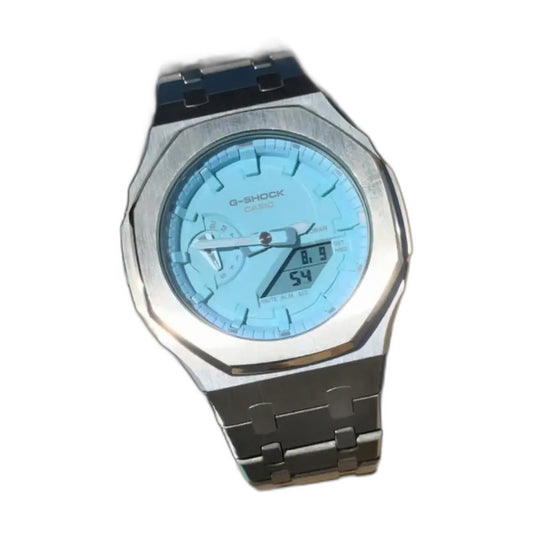 Montre CasiOak Custom Silver Sky Blue – mod G-Shock GA-2100, vue 1 — fond blanc