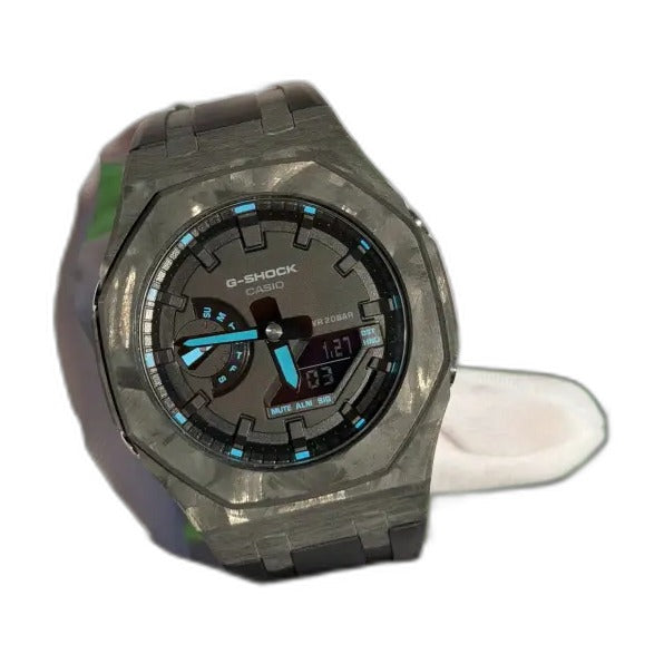 Montre CasiOak Custom Black Carbon Fiber Luminous Full Blue – mod G-Shock GA-2100, vue 6