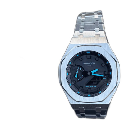 Montre CasiOak Custom Silver Blue – mod G-Shock GA-2100, vue 1 — fond blanc