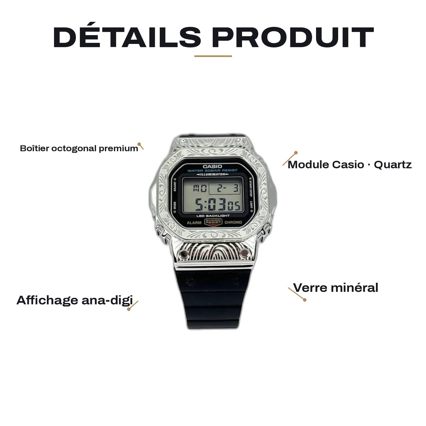 Montre CasiOak Custom Silver Black Pattern - – mod G-Shock DW-5600, vue 2 — FR