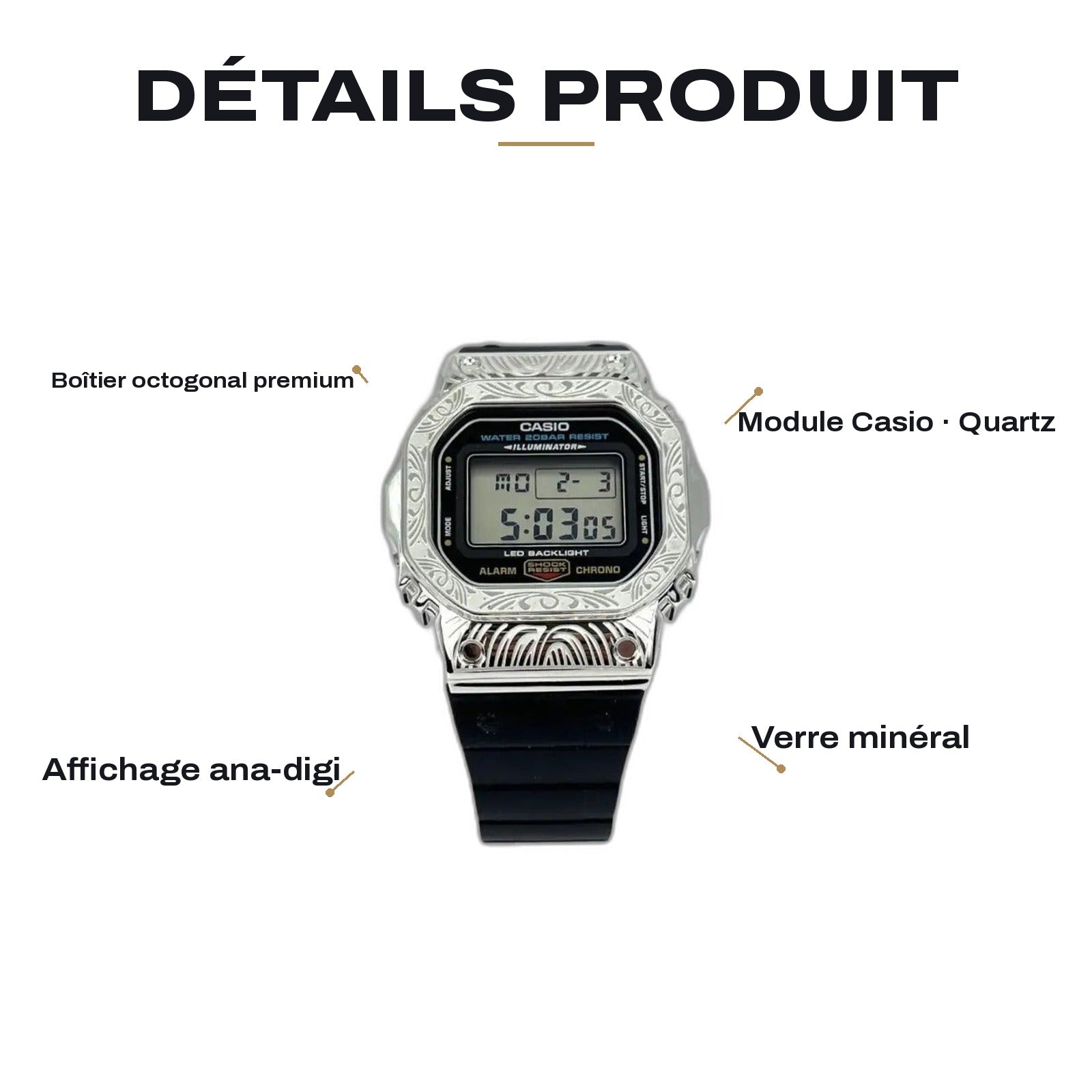 Montre CasiOak Custom Silver Black Pattern - – mod G-Shock DW-5600, vue 2 — FR