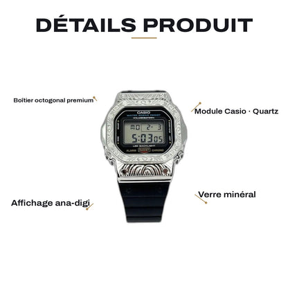 Montre CasiOak Custom Silver Black Pattern - – mod G-Shock DW-5600, vue 2 — FR