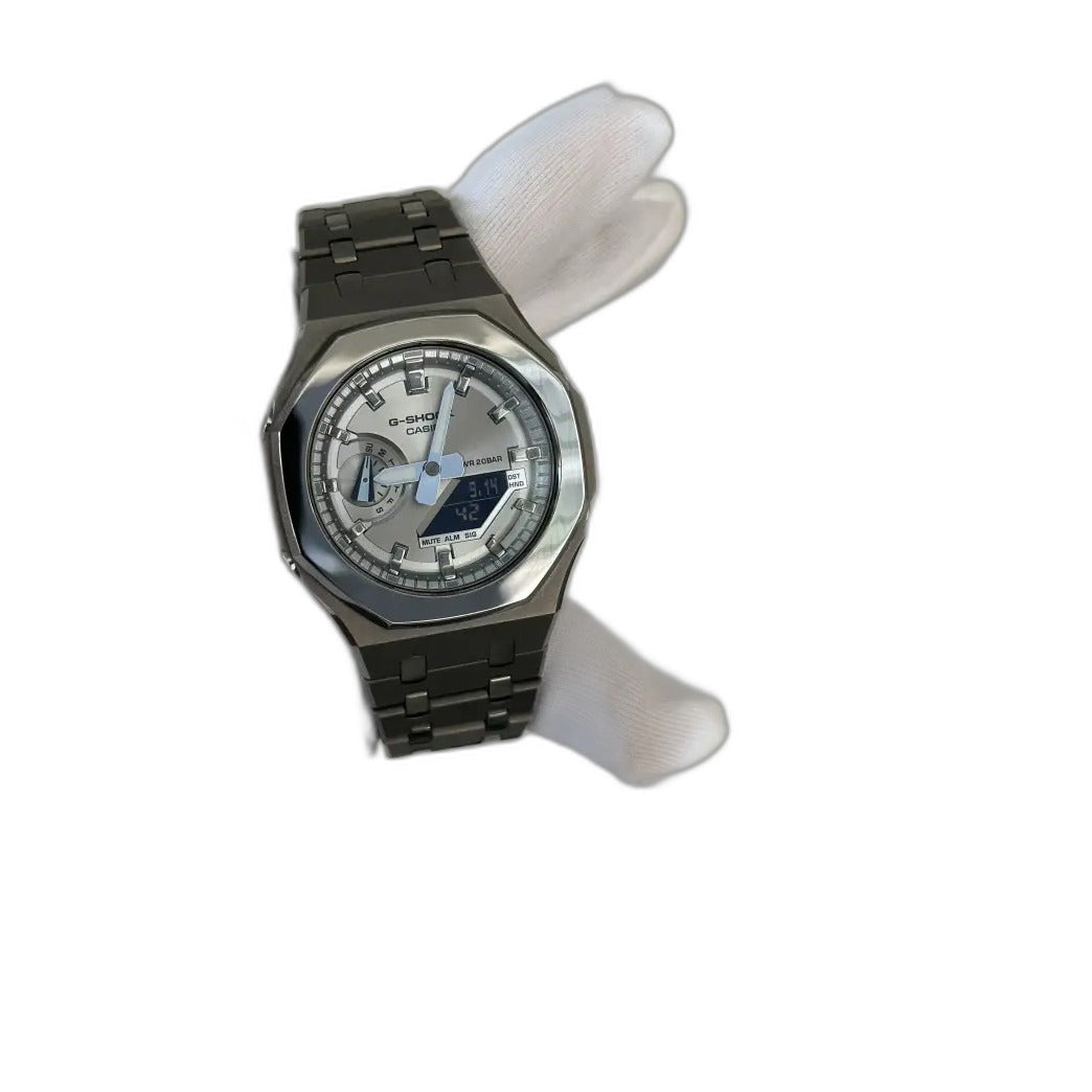 Montre CasiOak Custom Metal Grey Mirror Polish – mod G-Shock GA-2100, vue 1