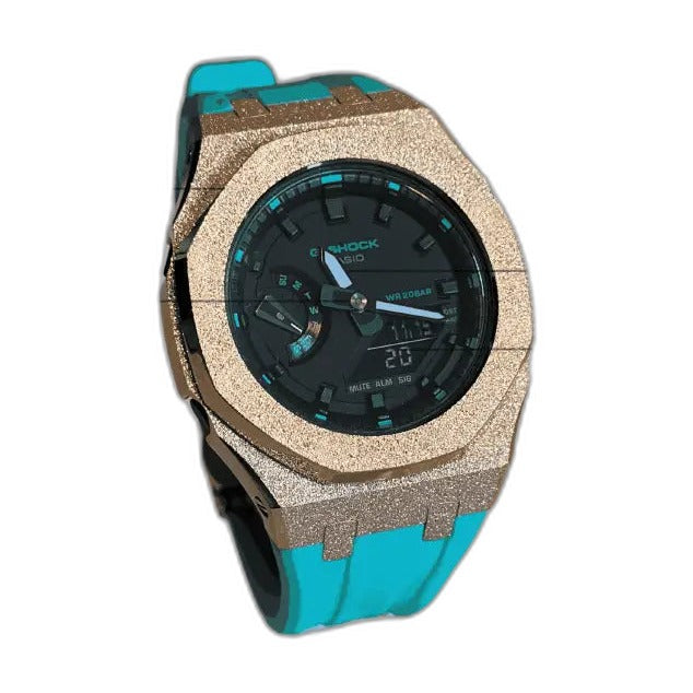 Montre CasiOak Custom Rose Gold Blue Frosted – mod G-Shock GA-2100, vue 2