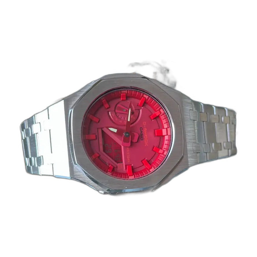 Montre CasiOak Custom Silver Red – mod G-Shock GA-2100, vue 3 — fond blanc
