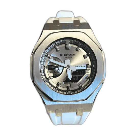 Montre CasiOak Custom White Silver Dial – mod G-Shock GA-2100, vue 1 — fond blanc