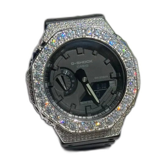 Montre CasiOak Custom Moissanite 925 Silver IcedOut - Luxury Mod GA2100 – mod G-Shock GA-2100, vue 1 — fond blanc