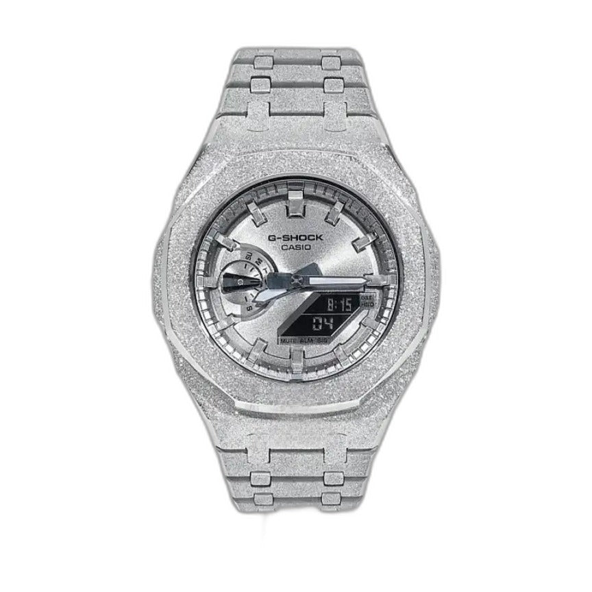 Montre CasiOak Custom Full Silver Frosted – mod G-Shock GA-2100, vue 1