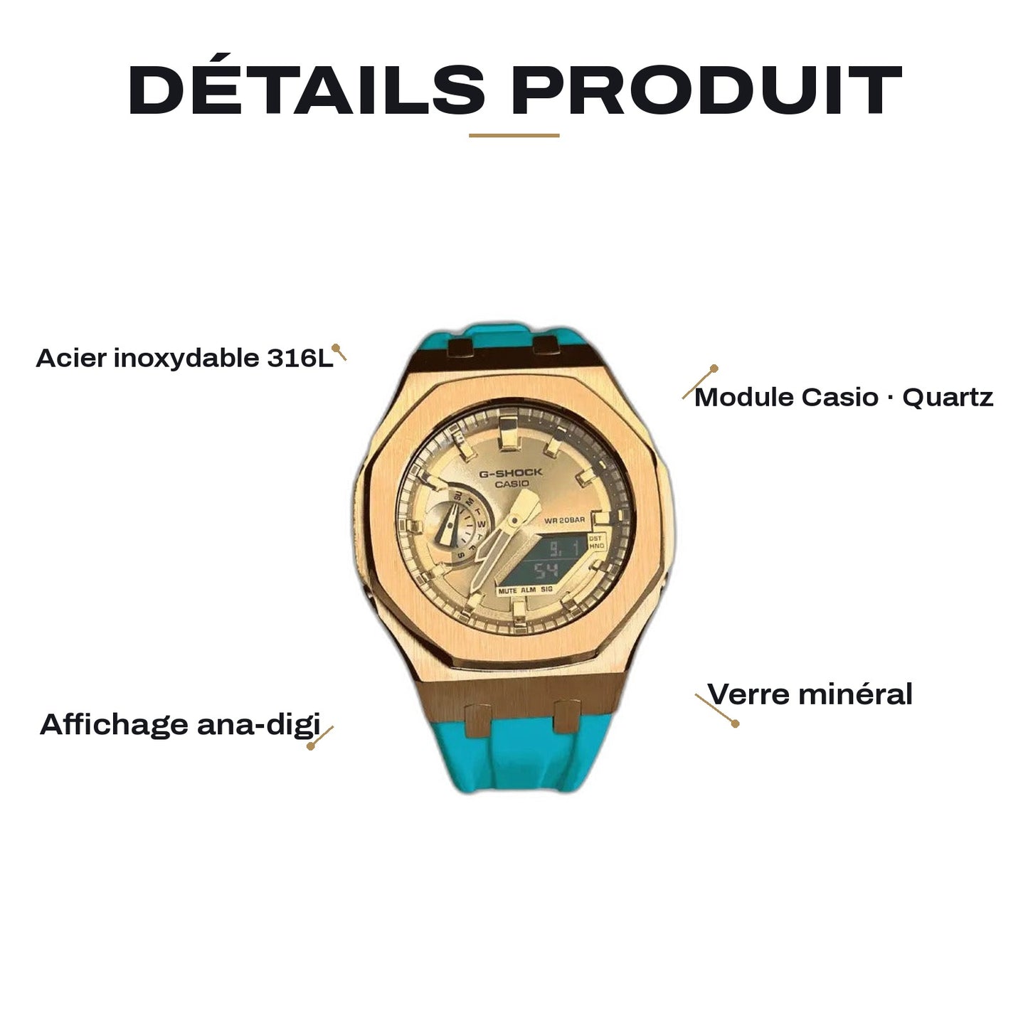 Montre CasiOak Custom Rose Gold Turquoise – mod G-Shock GA-2100, vue 2 — FR