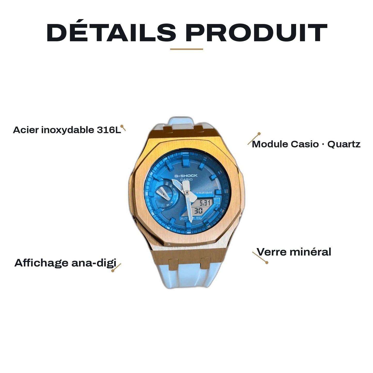 Montre CasiOak Custom White Blue Rose Gold – mod G-Shock GA-2100, vue 2 — FR