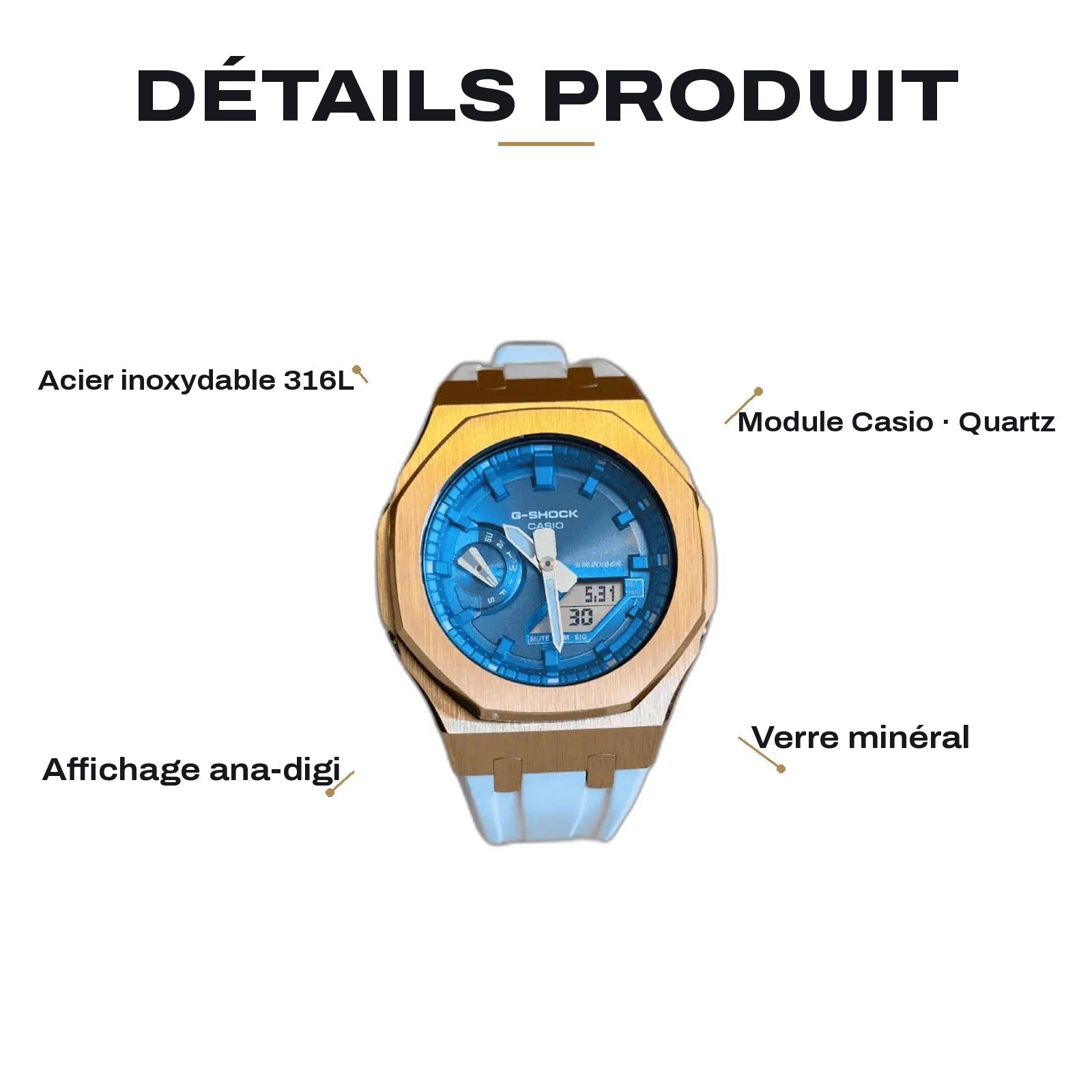 Montre CasiOak Custom White Blue Rose Gold – mod G-Shock GA-2100, vue 2 — FR