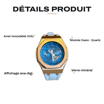 Montre CasiOak Custom White Blue Rose Gold – mod G-Shock GA-2100, vue 2 — FR