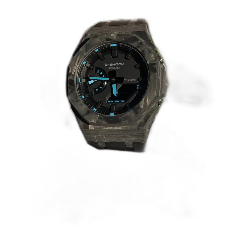 Montre CasiOak Custom Black Carbon Fiber Luminous Full Blue – mod G-Shock GA-2100, vue 8