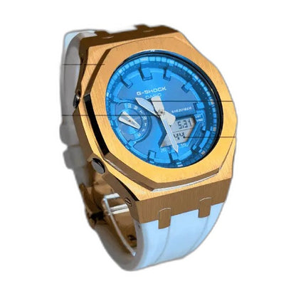 Montre CasiOak Custom White Blue Rose Gold – mod G-Shock GA-2100, vue 2 — fond blanc