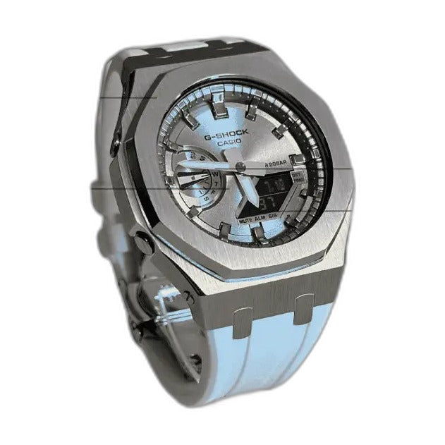 Montre CasiOak Custom White Silver Dial – mod G-Shock GA-2100, vue 2 — fond blanc