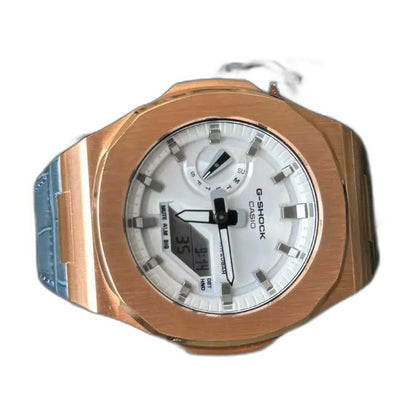 Montre CasiOak Custom White Blue Alligator Leather - – mod G-Shock GA-2100, vue 6 — fond blanc