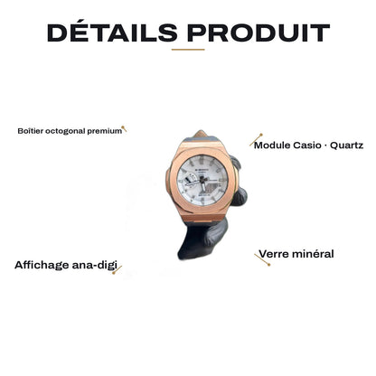 Montre CasiOak Custom White Blue Alligator Leather - – mod G-Shock GA-2100, vue 5 — FR