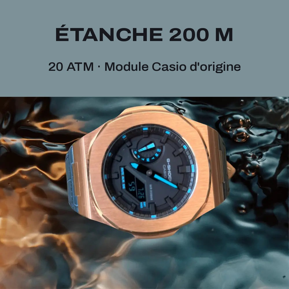 Montre CasiOak Custom Black Blue Alligator Leather - Vintage – mod G-Shock GA-2100, vue 6 — FR