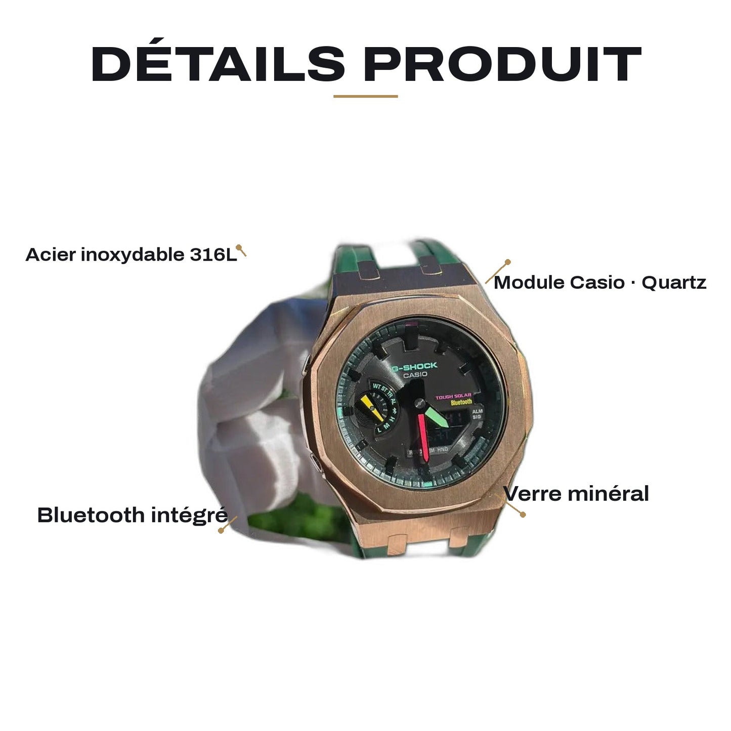Montre CasiOak Custom Rose Gold Green Edition Bluetooth – mod G-Shock GAB-2100, vue 3 — FR