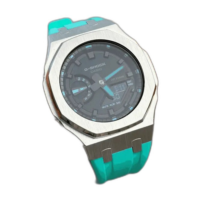 Montre CasiOak Custom Sky Blue – mod G-Shock GA-2100, vue 3 — fond blanc