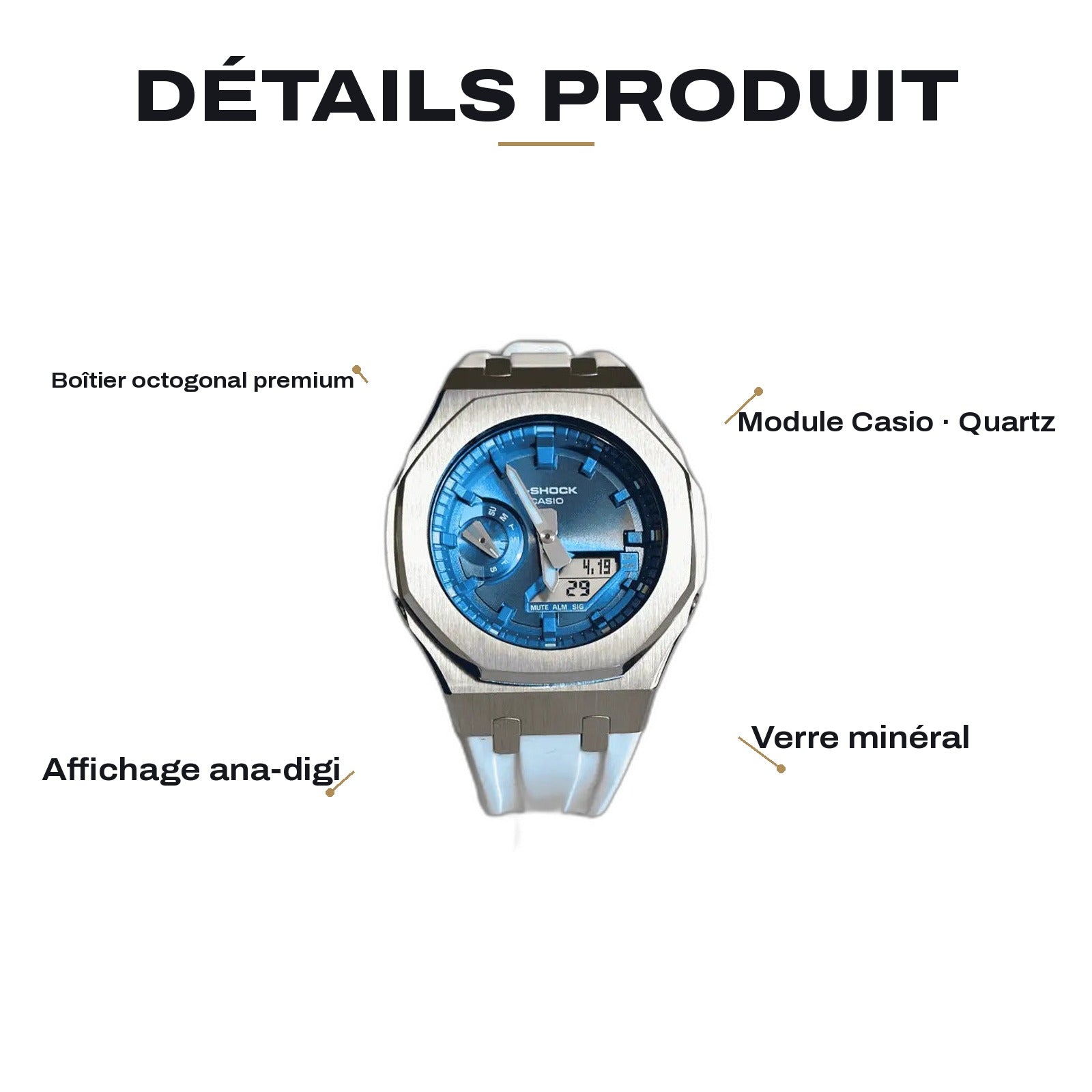 Montre CasiOak Custom White Blue – mod G-Shock GA-2100, vue 2 — FR