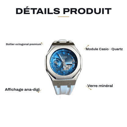 Montre CasiOak Custom White Blue – mod G-Shock GA-2100, vue 2 — FR