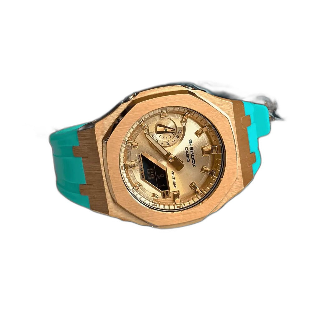Montre CasiOak Custom Rose Gold Turquoise – mod G-Shock GA-2100, vue 3 — fond blanc
