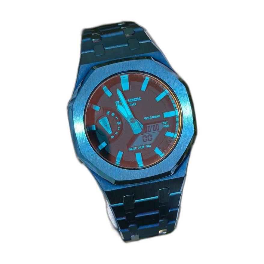 Montre CasiOak Custom Full Blue Mirror Rainbow Dial – mod G-Shock GA-2100, vue 1