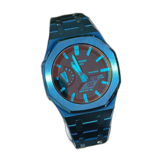 Montre CasiOak Custom Full Blue Mirror Rainbow Dial – mod G-Shock GA-2100, vue 1
