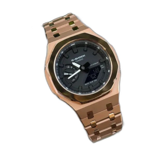 Montre CasiOak Custom Rose Gold Mirror Polish – mod G-Shock GA-2100, vue 5 — fond blanc