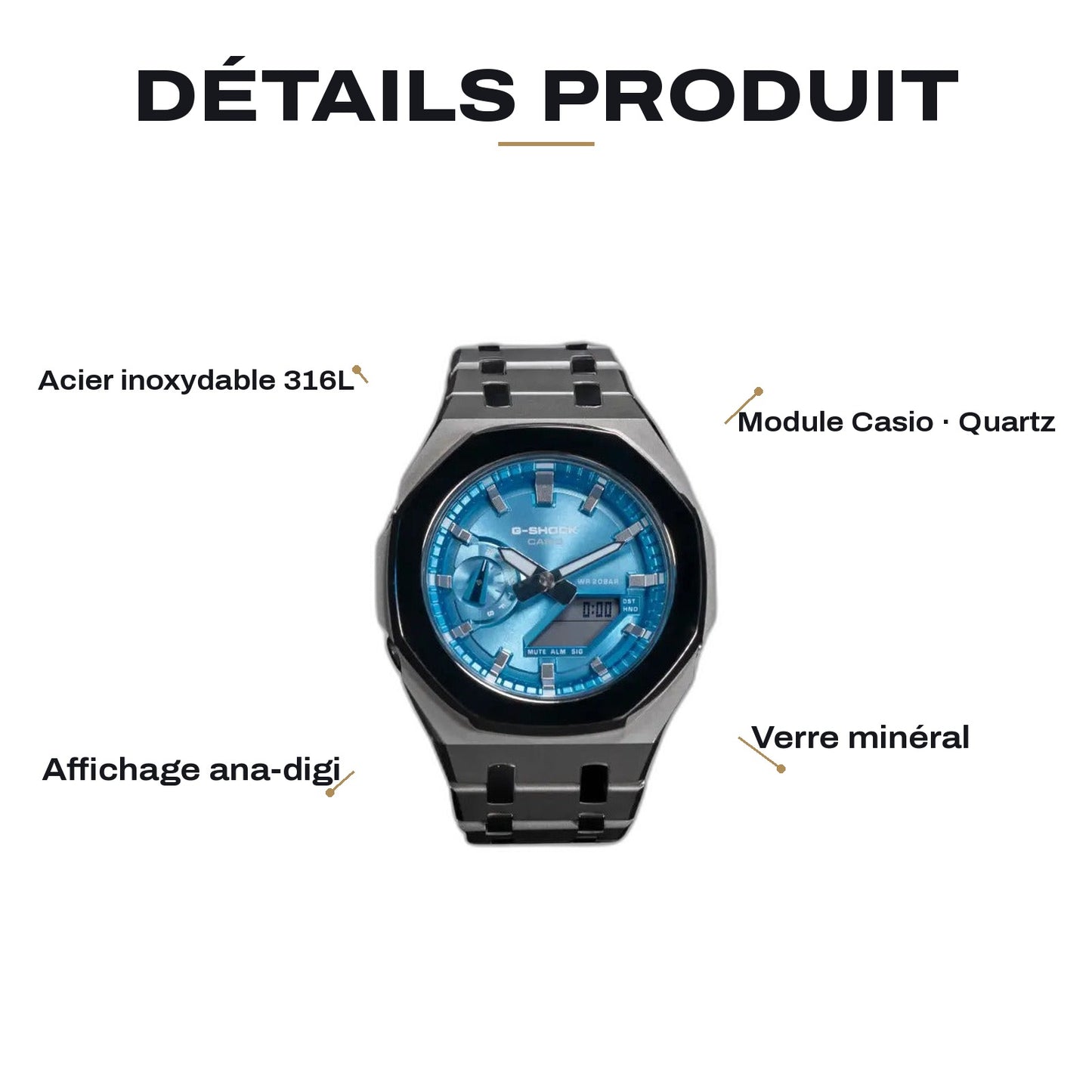 Montre CasiOak Custom Silver Blue Mirror Polish – mod G-Shock GA-2100, vue 2 — FR
