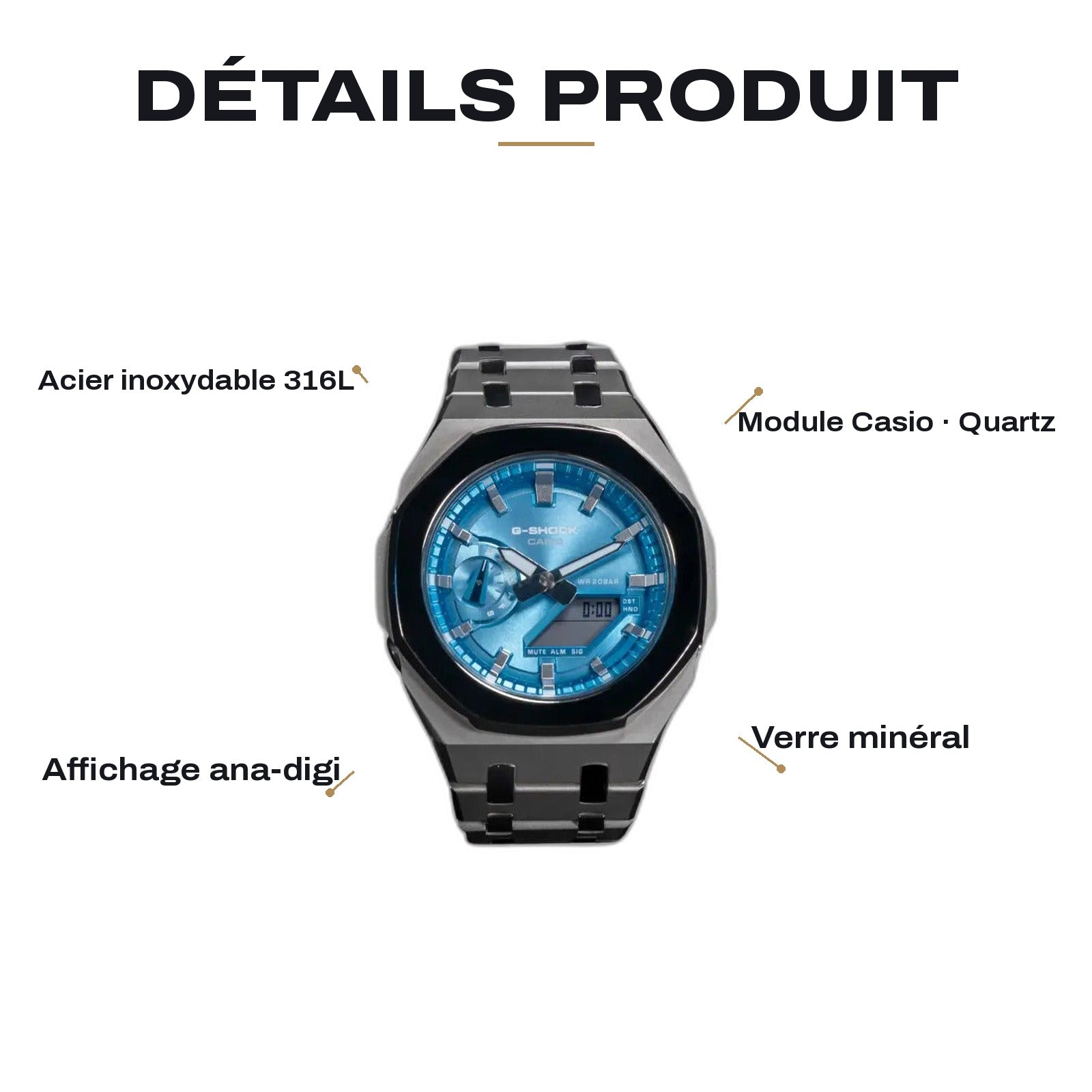 Montre CasiOak Custom Silver Blue Mirror Polish – mod G-Shock GA-2100, vue 2 — FR